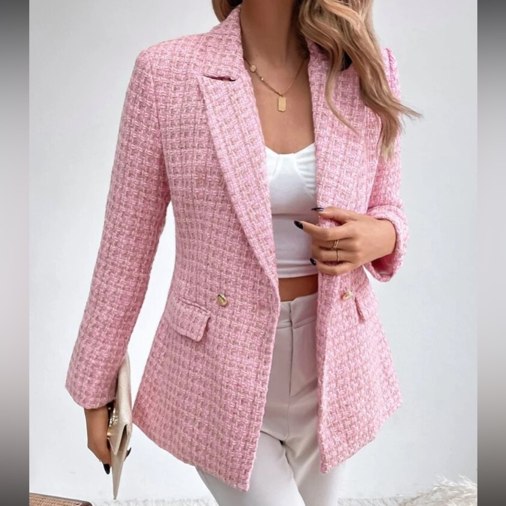 Luxe Plaid Tweed Button Down  Blazer Jacket Coat - Picture 7 of 15